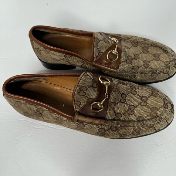VINTAGE GUCCI BROWN GG MONOGRAM CANVAS LOAFERS - Picture 2 of 8